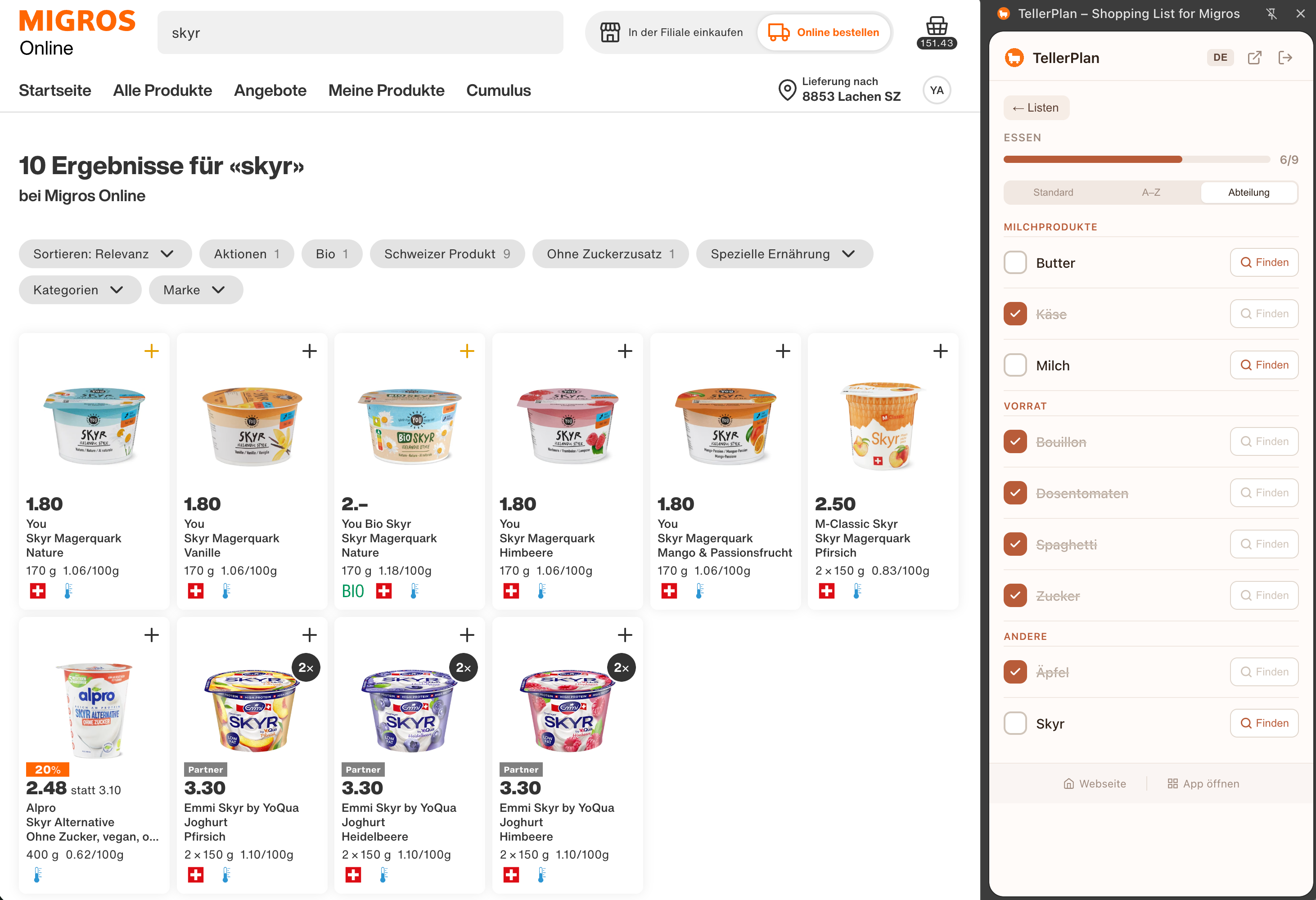 TellerPlan sidebar showing shopping list next to online store