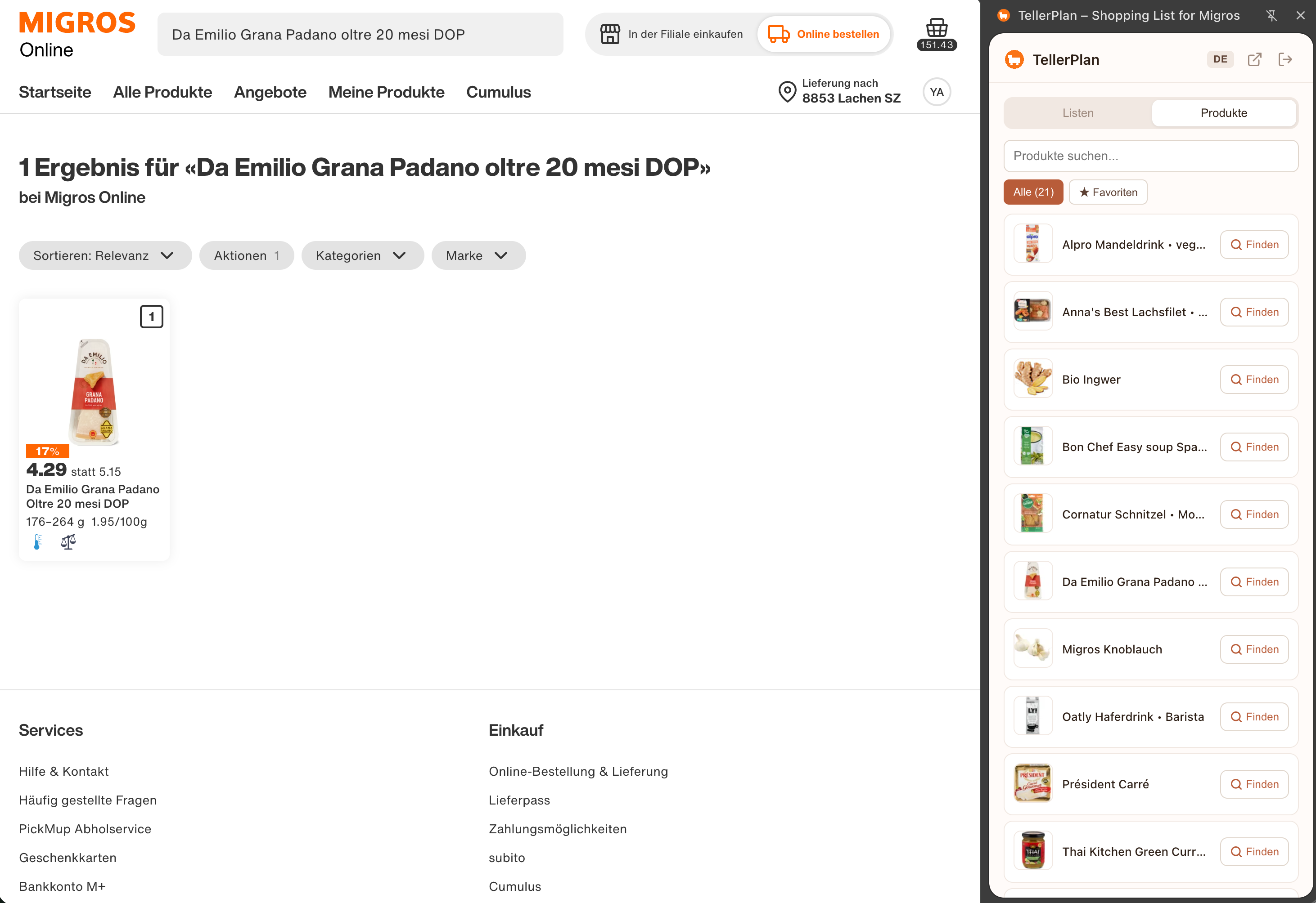 TellerPlan extension showing shopping list while searching for products