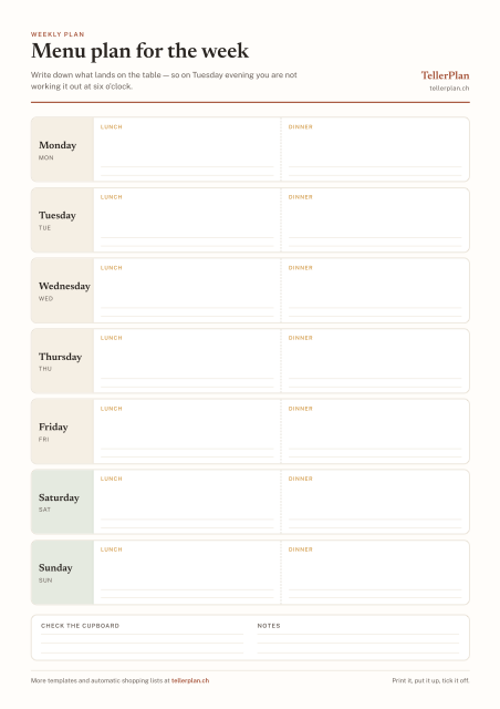 Menu plan template as a PDF